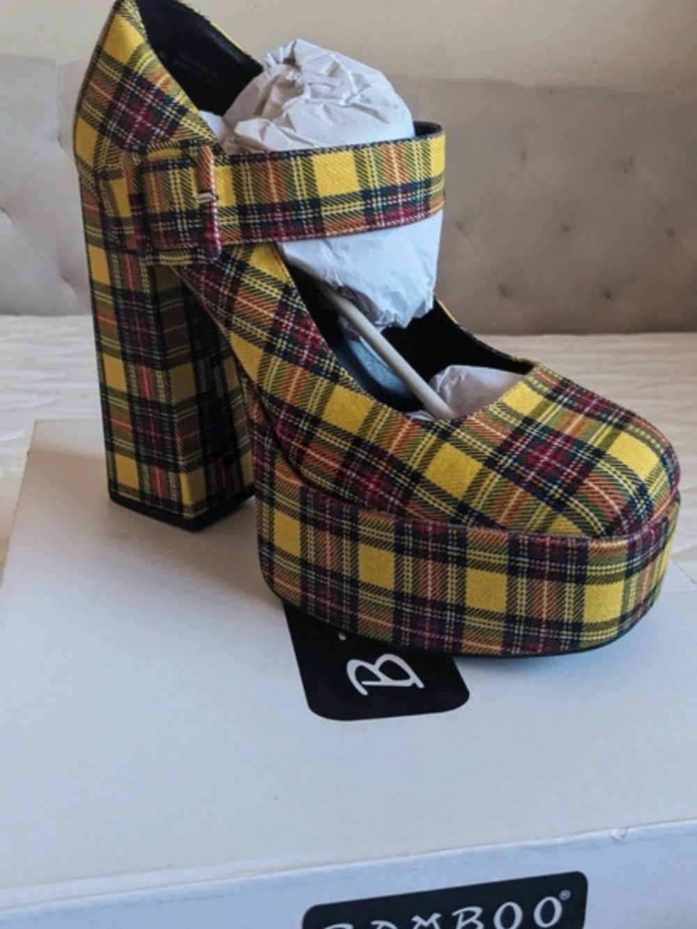Bamboo Yellow Plaid Platform Mary Jane Chunky Block Heel Tartan Plaid Retro 90s